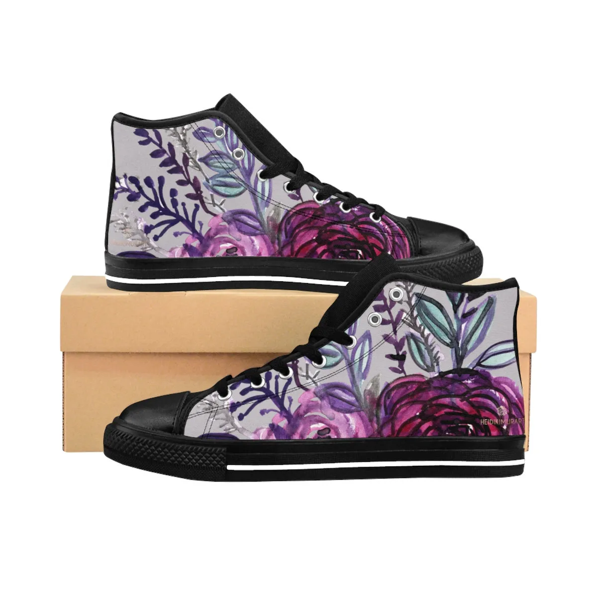 Light Gray Floral High Tops, Purple Rose Floral Print Men's High-top Sneakers Tennis Shoes