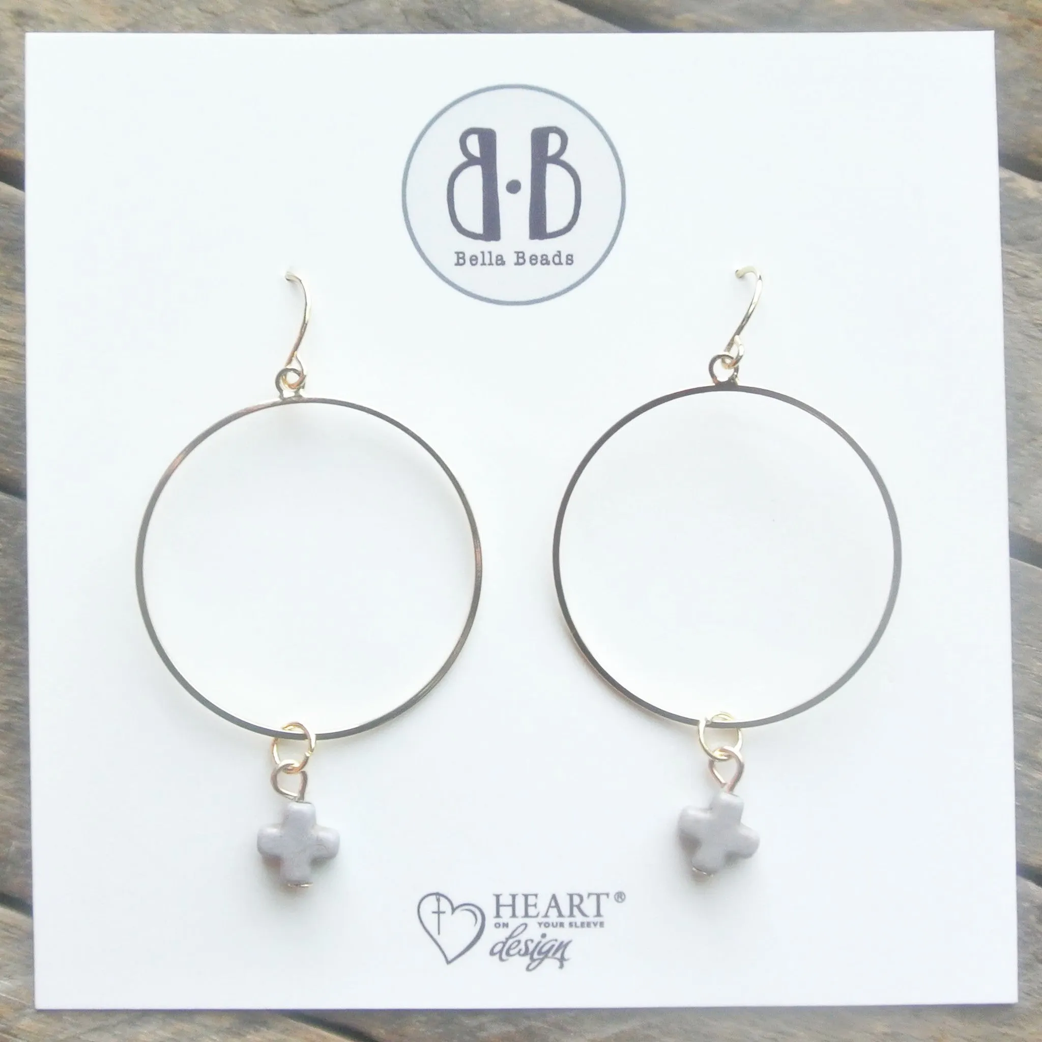 Light Grey Stone Cross 14K Dipped Gold Earrings