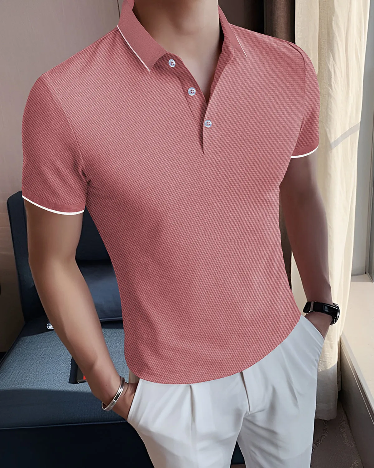 Light Pink Polo White Piping Collar T-Shirt