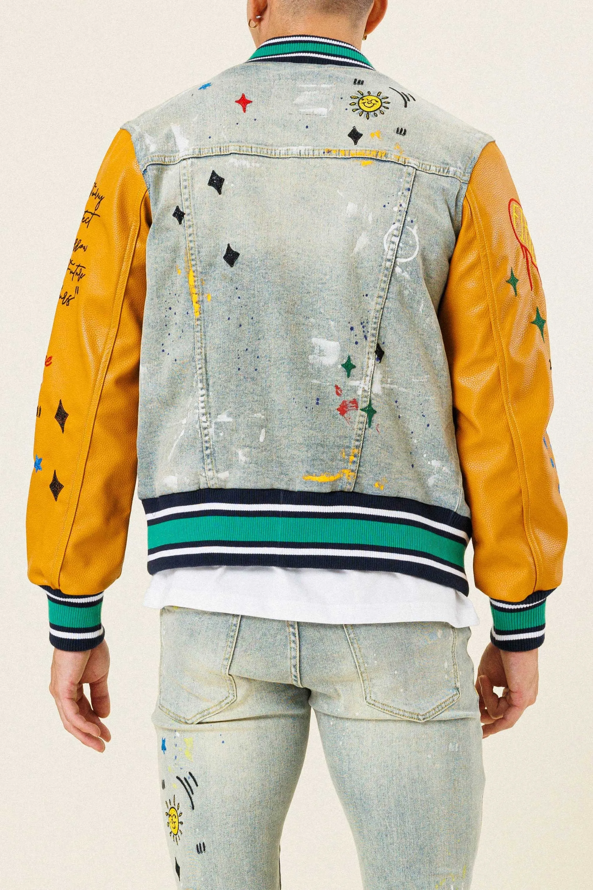 Light Stone Tint All Over Embroidered Varsity Denim Jacket