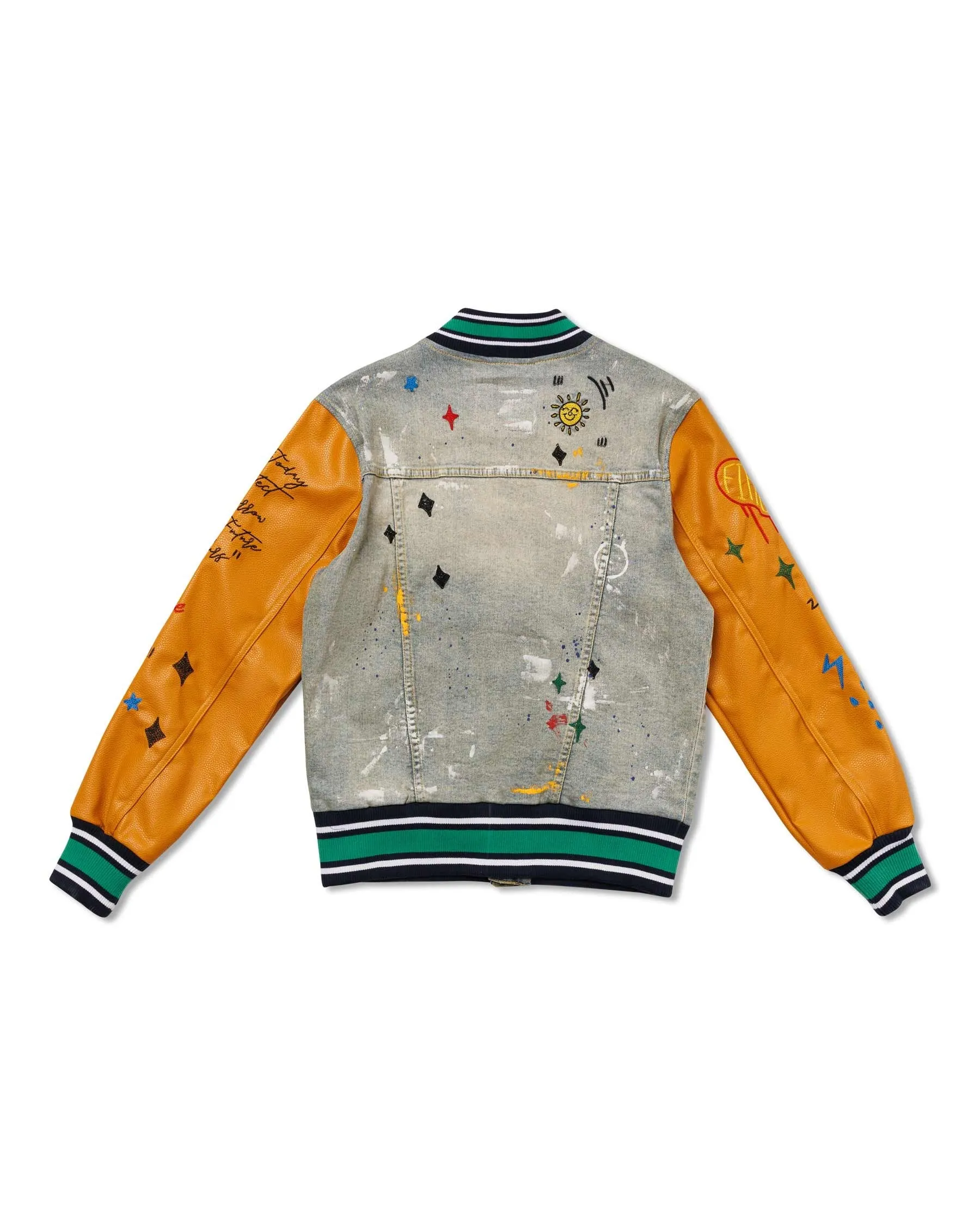 Light Stone Tint All Over Embroidered Varsity Denim Jacket