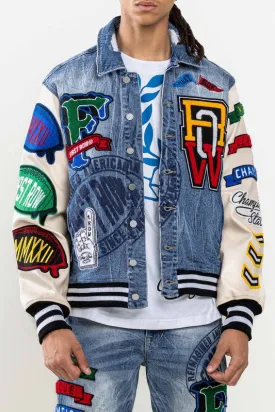 Light Stone Tint Multi Patches Varsity Denim Jacket