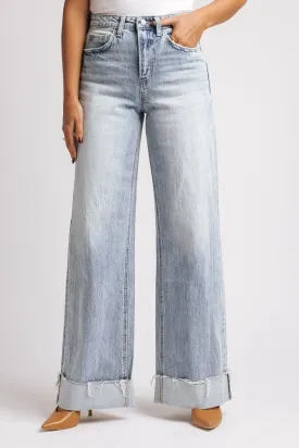 Light Wash Baggy Cuffed Wide Leg Jeans