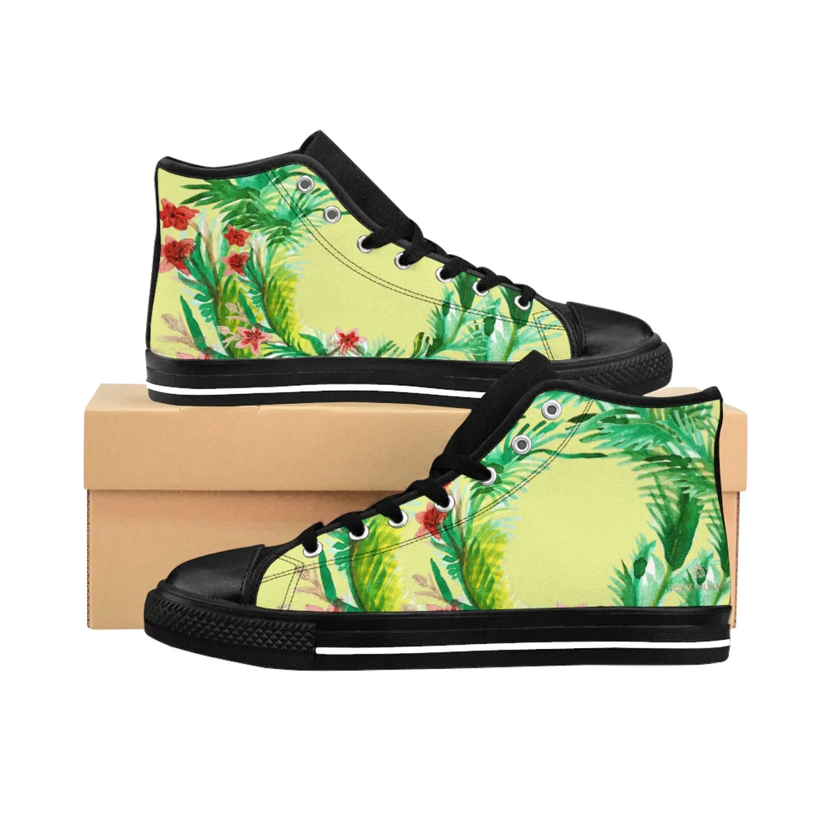 Light Yellow Floral Men's Sneakers, Red Floral Print High-top Sneakers Running Tennis Shoes