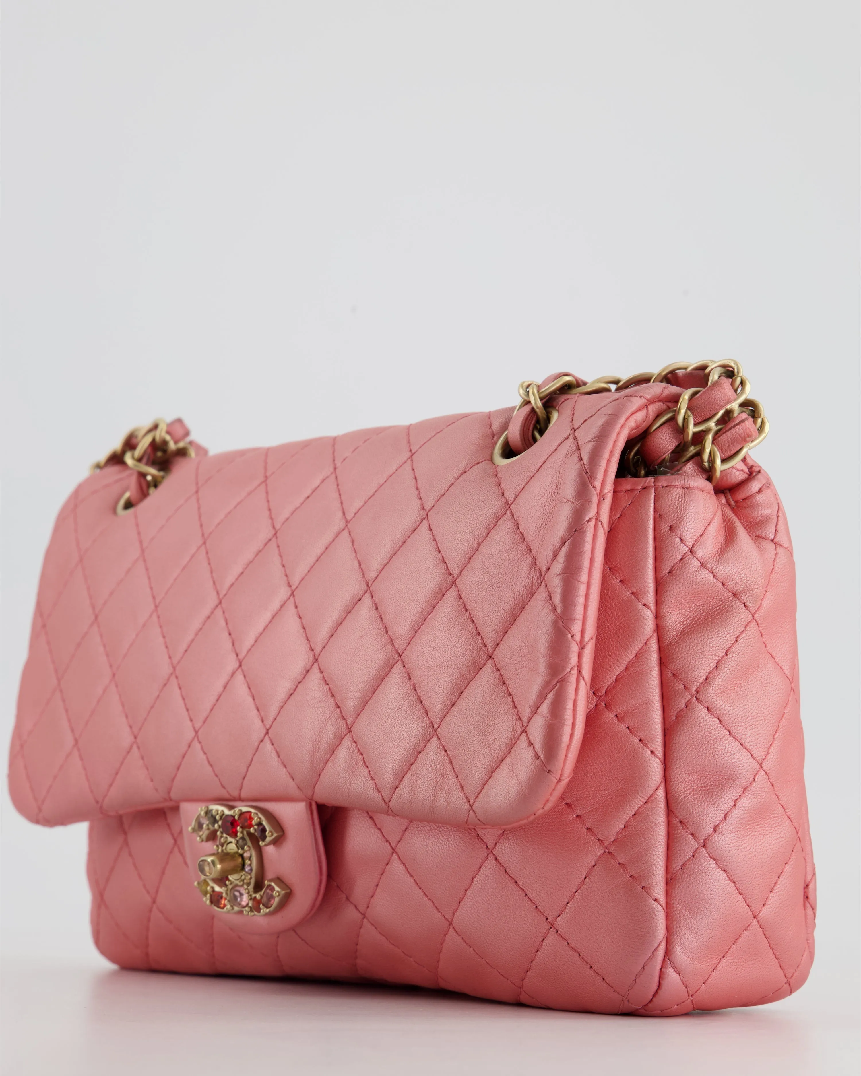 *LIMITED EDITION* Chanel Pink Metallic Single Flap Shoulder Bag in Lambskin Leather with Gold and Precious Stone Hardware