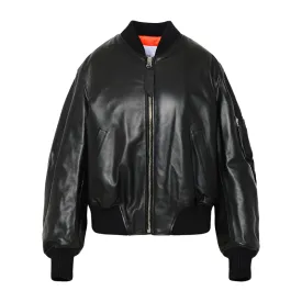 Linda Black Leather Bomber Jacket