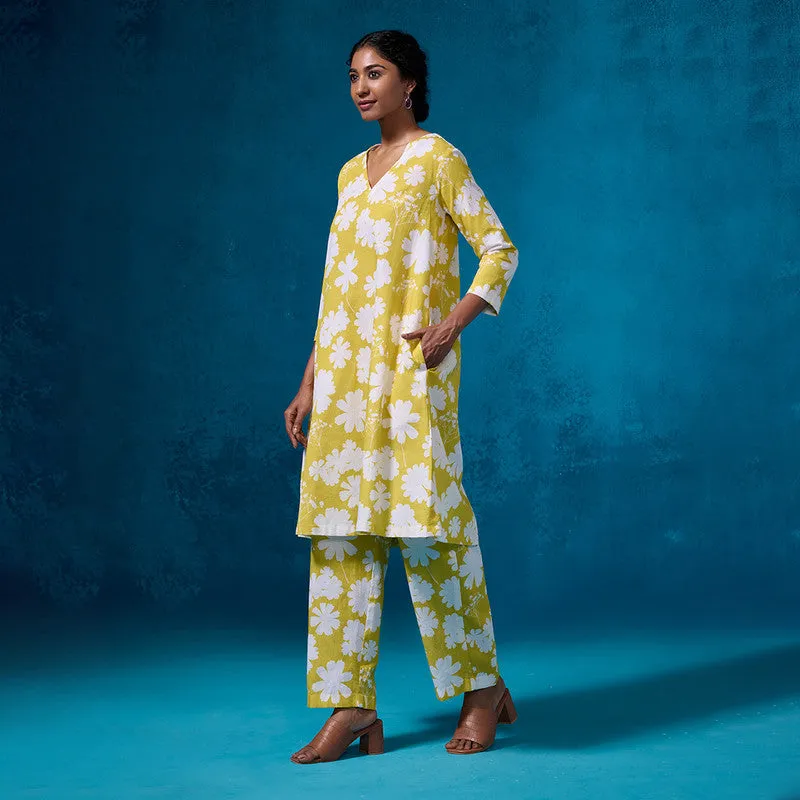 Linen Kurta Set For Women | Floral Printed | Yellow