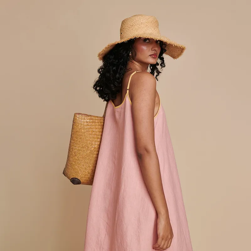 Linen Pink Midi Dress | Adjustable Strap