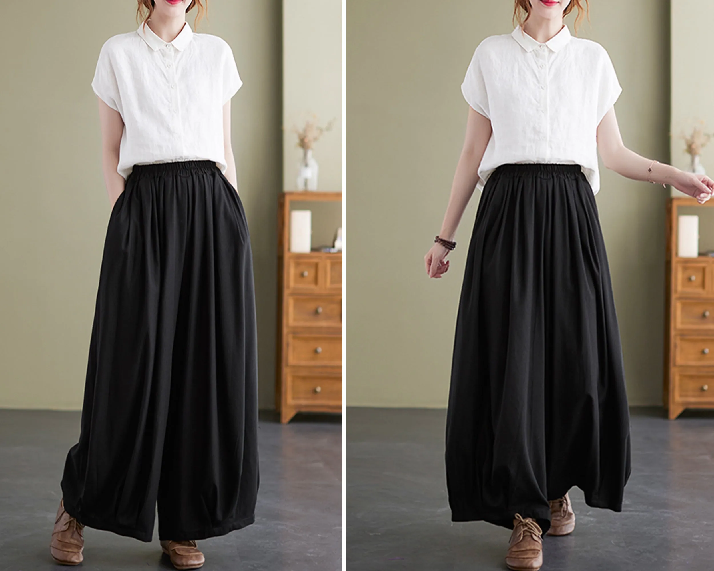 Linen skirt pants, ankle length pants, Wide leg pants, black skirt pants, cotton pants, custom made, green pants (K2249)