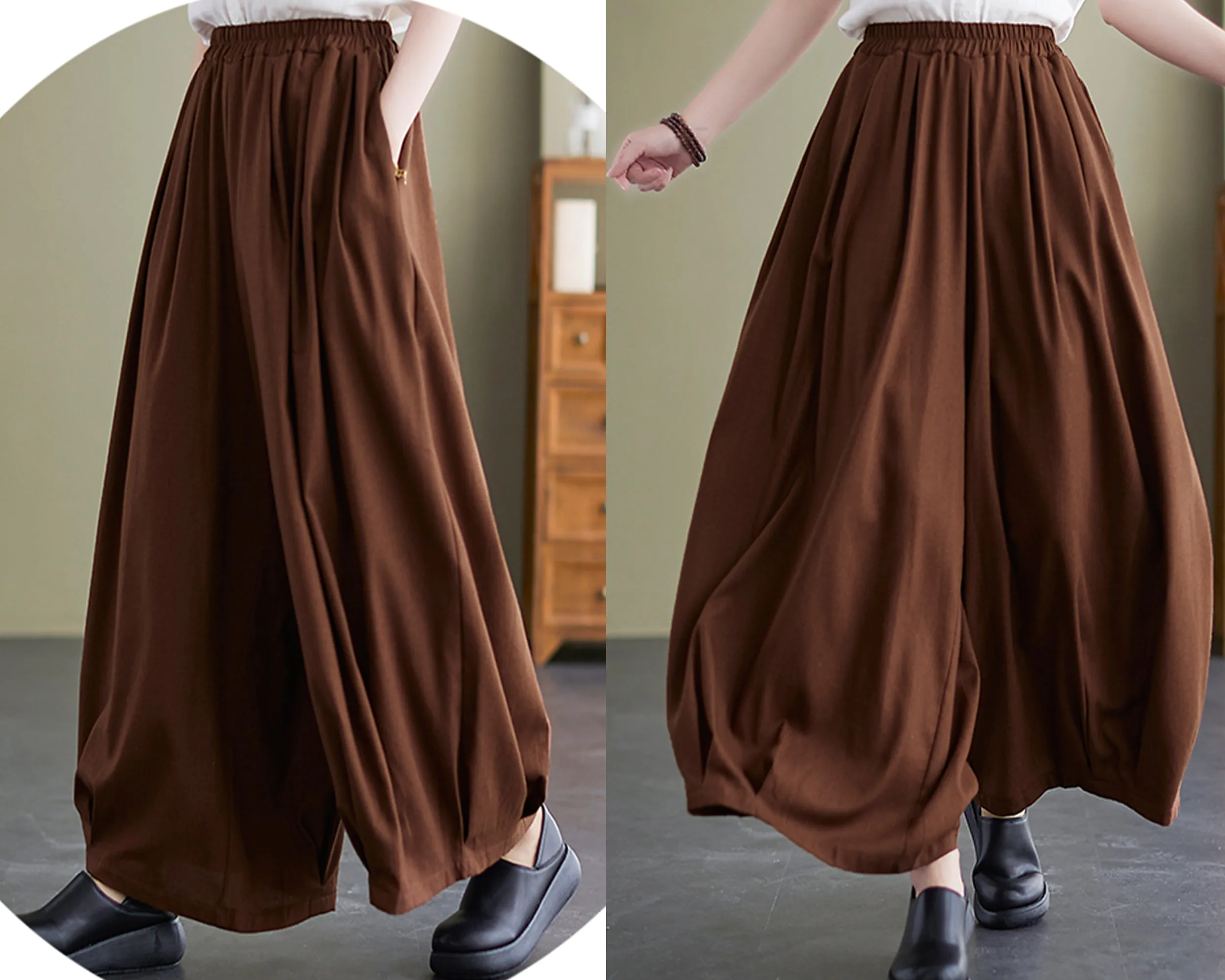 Linen skirt pants, ankle length pants, Wide leg pants, black skirt pants, cotton pants, custom made, green pants (K2249)