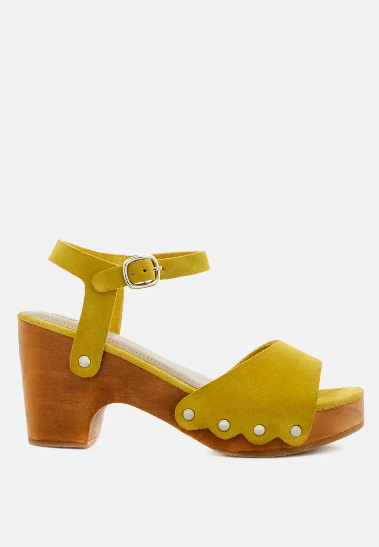 Liona Mustard Studded Suede Clogs Sandals