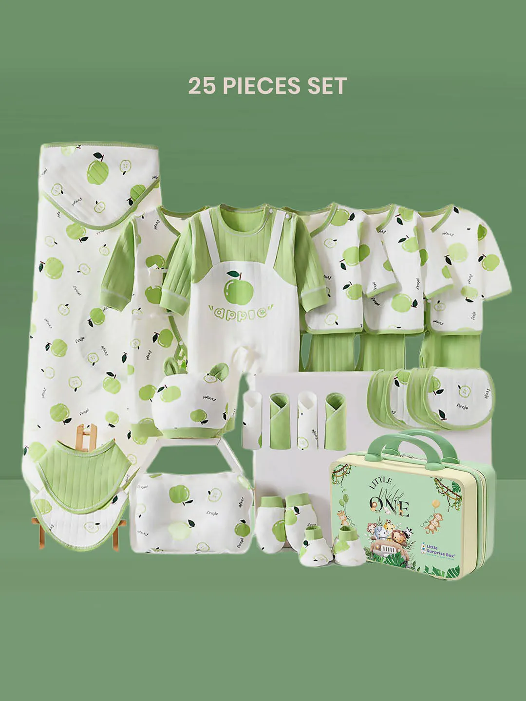 Little Surprise Box 25 Pcs Green Apple Newborn Baby Girl/ Boy All Season Wear Gift Hamper With Suitcase