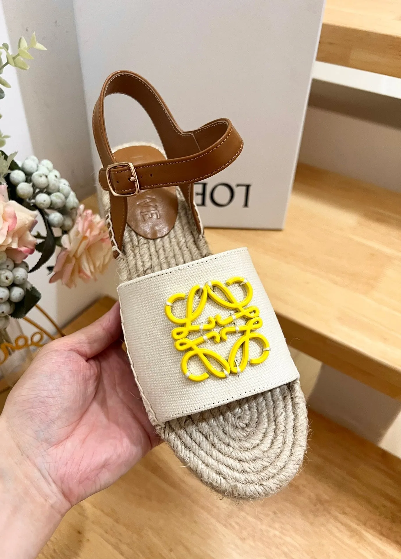 Loew Anagram Yellow logo White Brown Leather And Canvas Espadrille Sandals