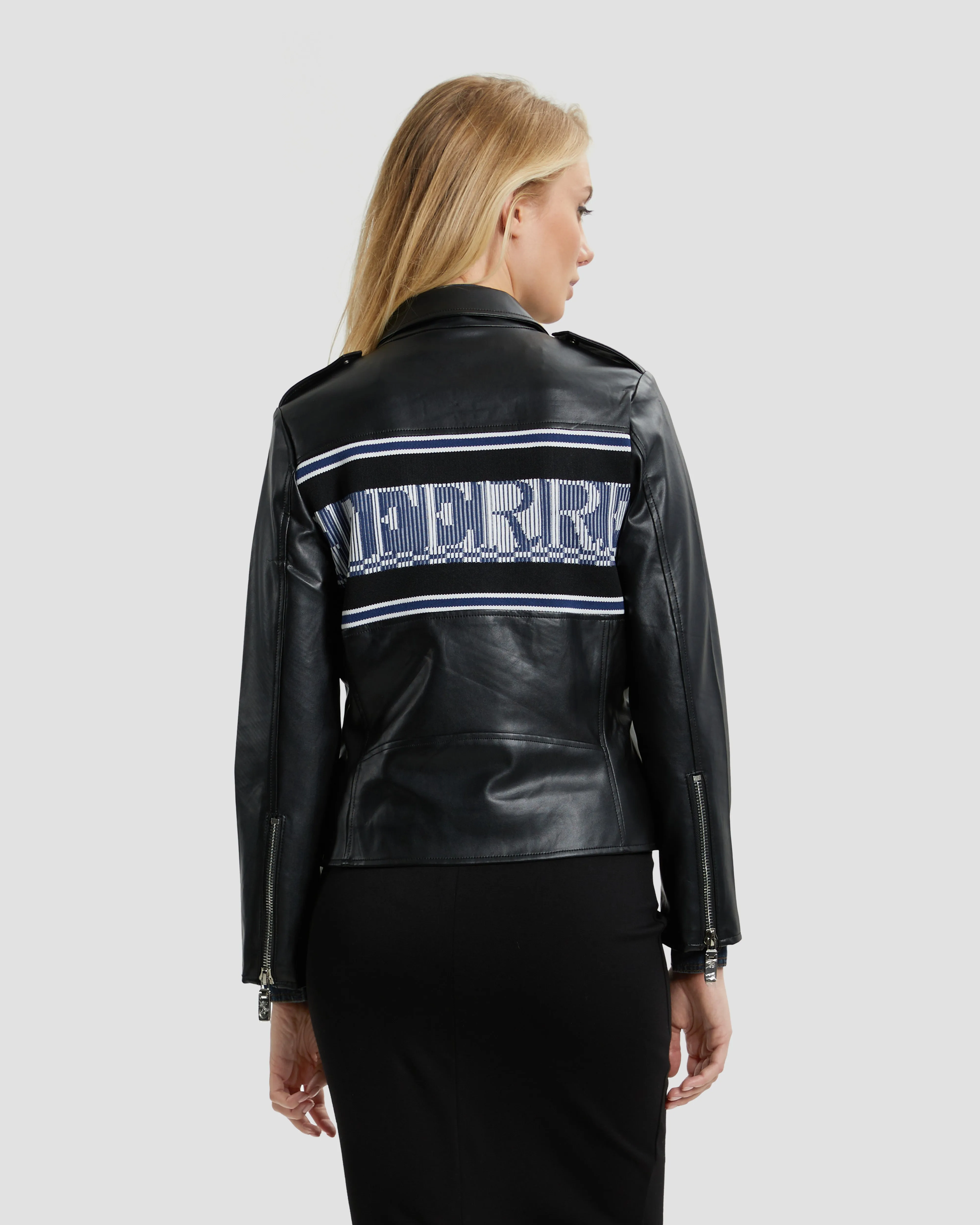 Logo Back Biker Leather Jacket