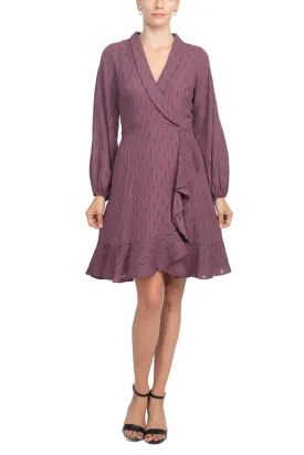 London Times Shawl Collar V-neck Long Sleeves With Cuffs Back Zipper Ruffled Hem Short Dress