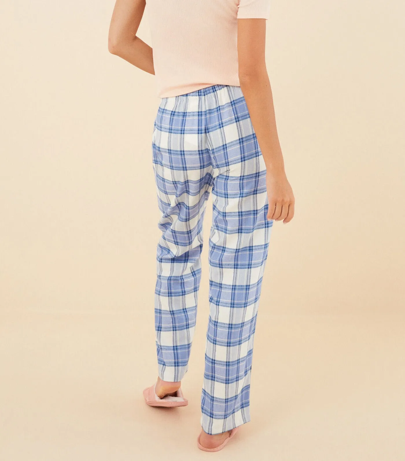 Long Checked Cotton Flannel Pajama Bottoms Blue