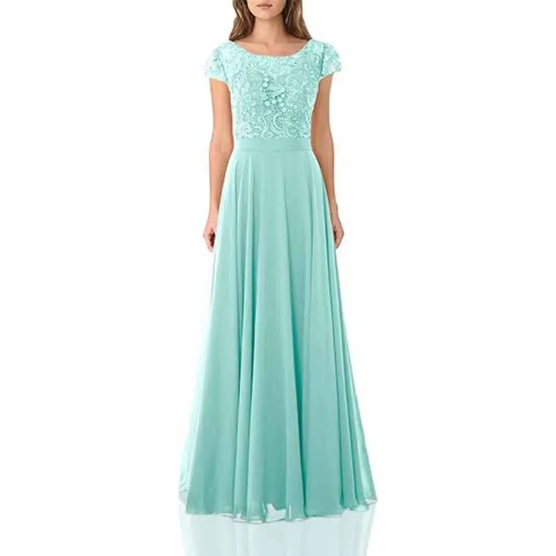 Long lace bridesmaid dresses with cap sleeves lace top wedding guest dress event dress