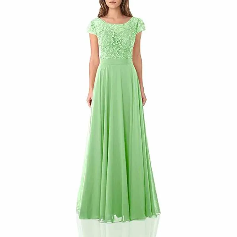 Long lace bridesmaid dresses with cap sleeves lace top wedding guest dress event dress