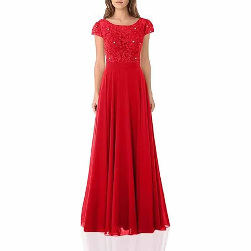 Long lace bridesmaid dresses with cap sleeves lace top wedding guest dress event dress