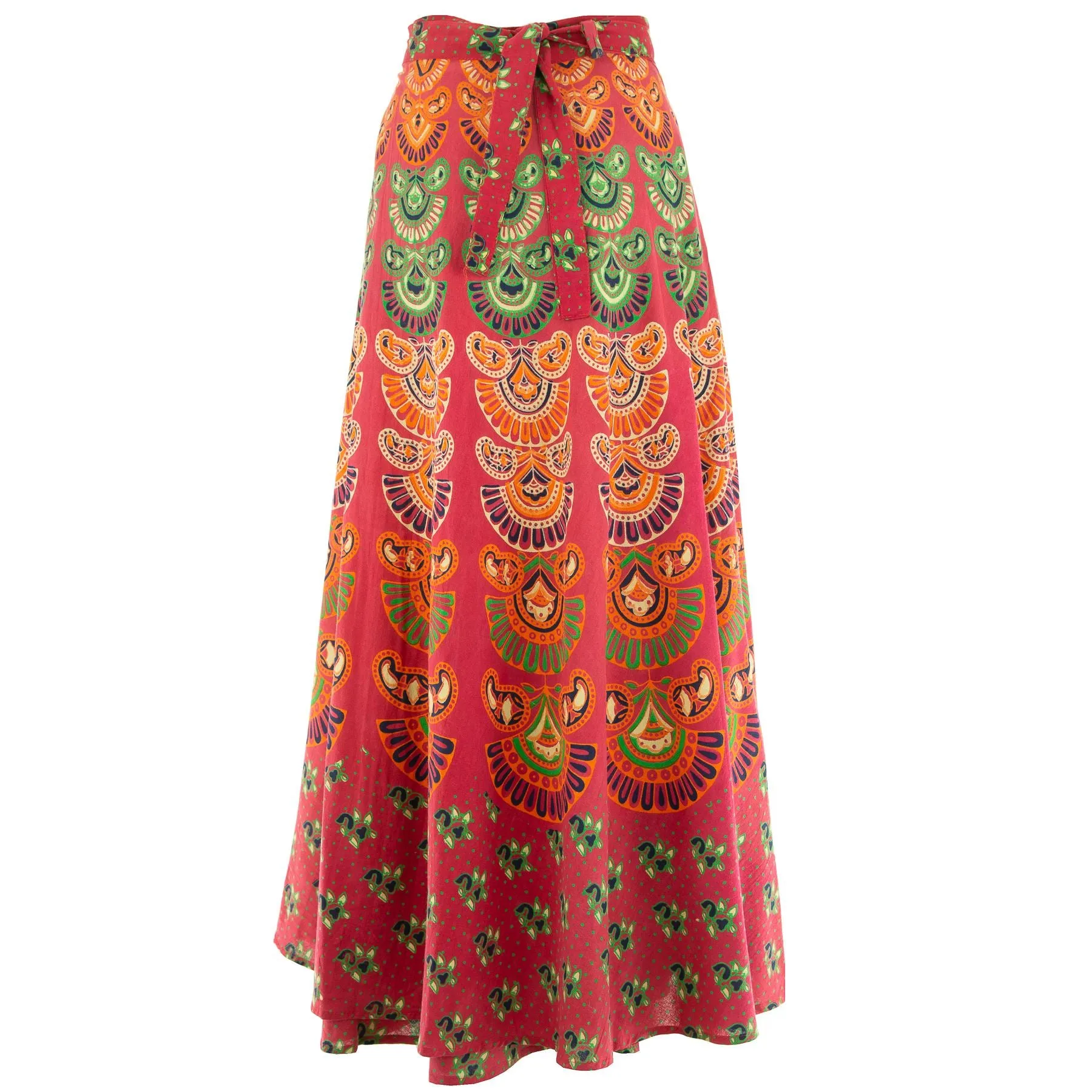 Long Maxi Wrap Skirt with Block Print Mandala - Red & Emerald Green