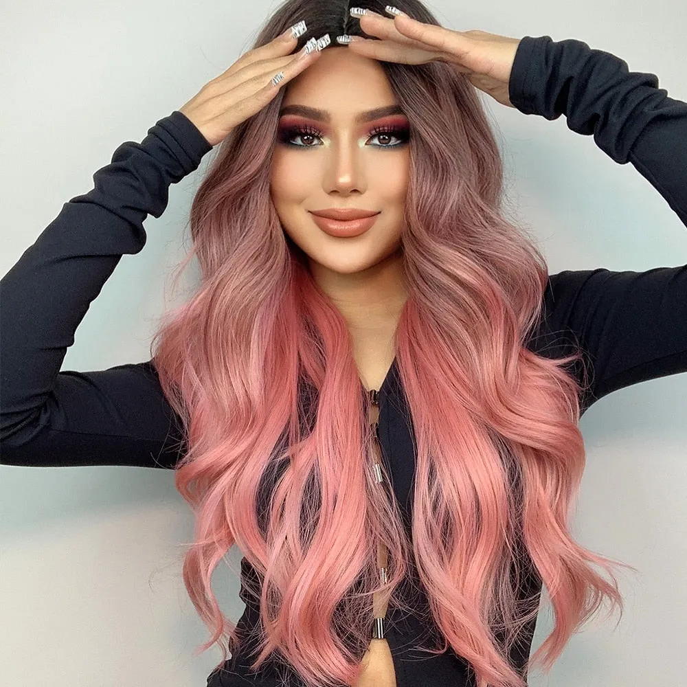 Long Ombre Pink Wavy Wig