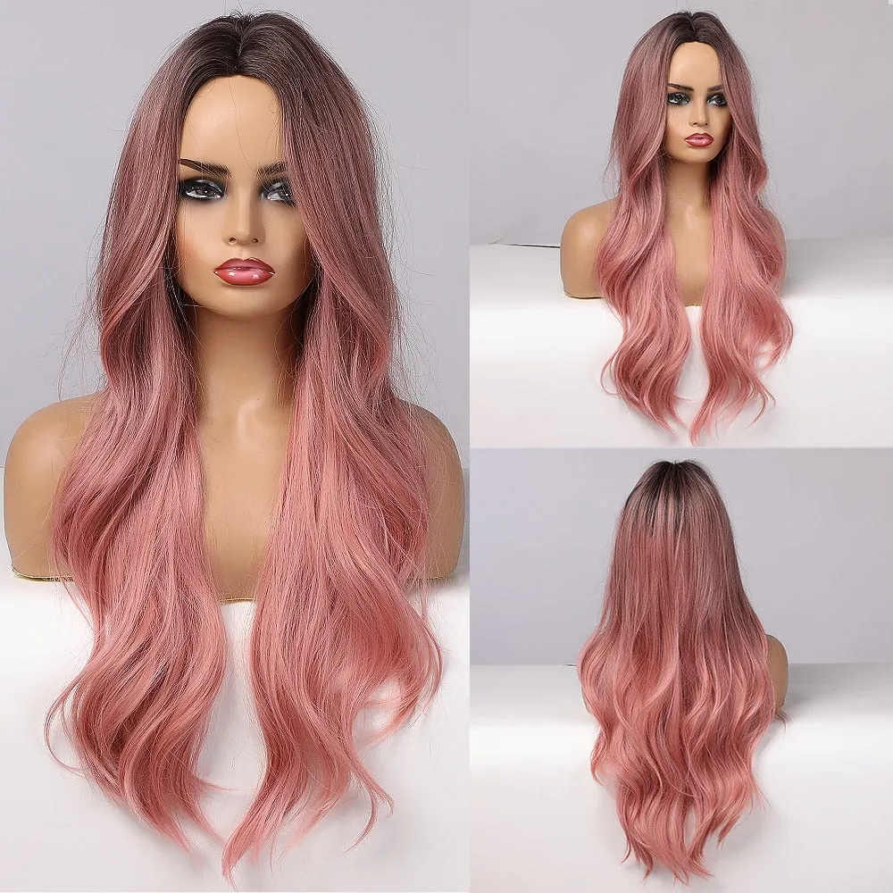 Long Ombre Pink Wavy Wig