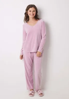 Long pink soft touch velvet pajamas - Pink