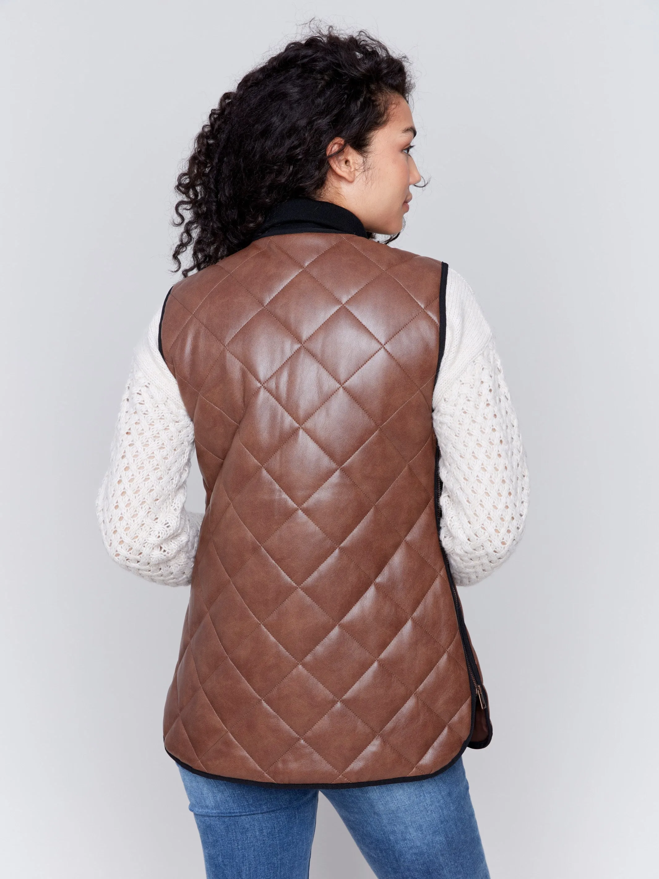 Long Quilted Faux Leather Vest - Brandy