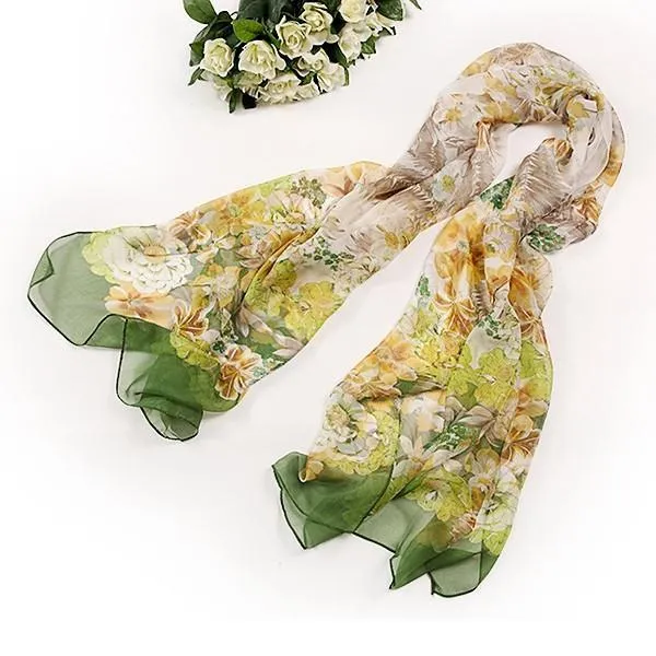 Long Silk Chiffon Scarf Green Theme Floral Print SCH040