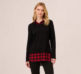 Long Sleeve Layered Sweater Top In Black W  Red Buffalo Plaid