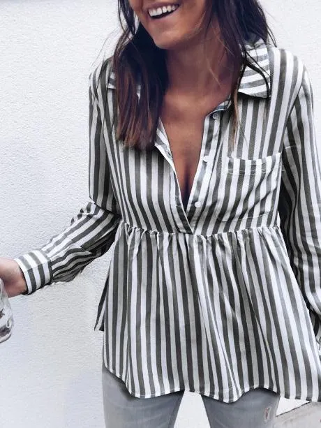 Long Sleeves Striped Blouses&shirts Tops