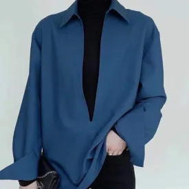 Loose Blue Shirt For Women V Neck Long Sleeve Solid Minimalist Vintage Blouses Female Korean Fashion Clothing Style