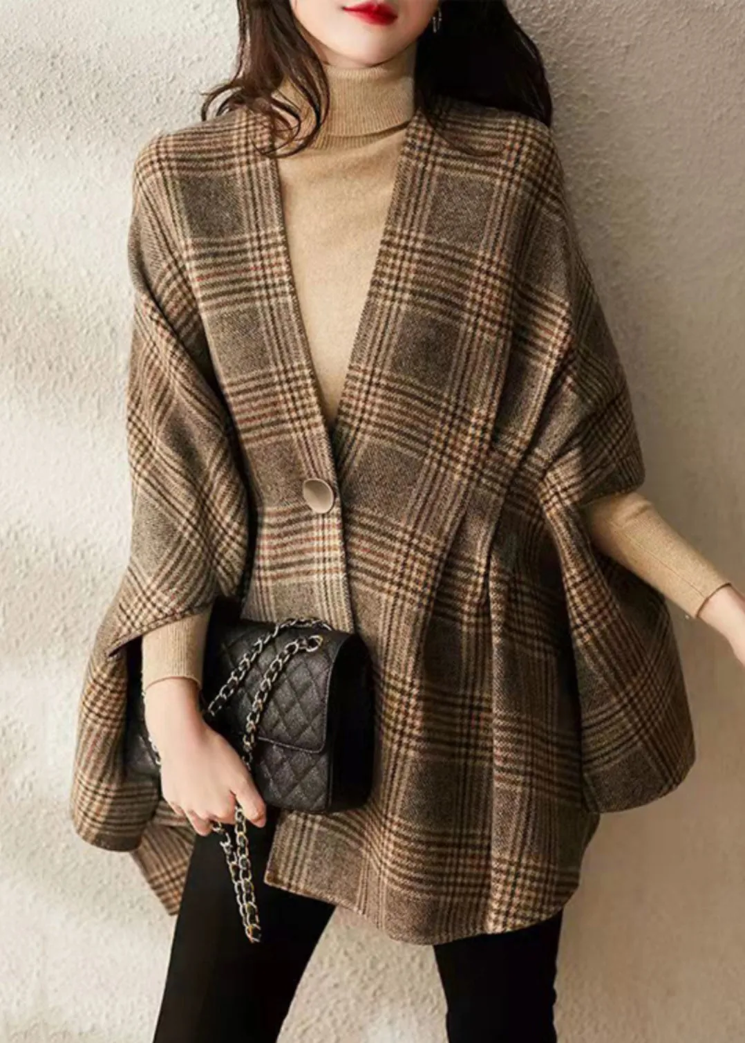 Loose Plaid V Neck Button Patchwork Cotton Coat Half Sleeve LY9636