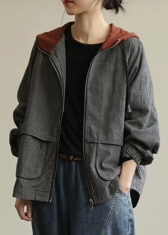 Loose striped fine trench coat Photography hooded patchwork  women coats