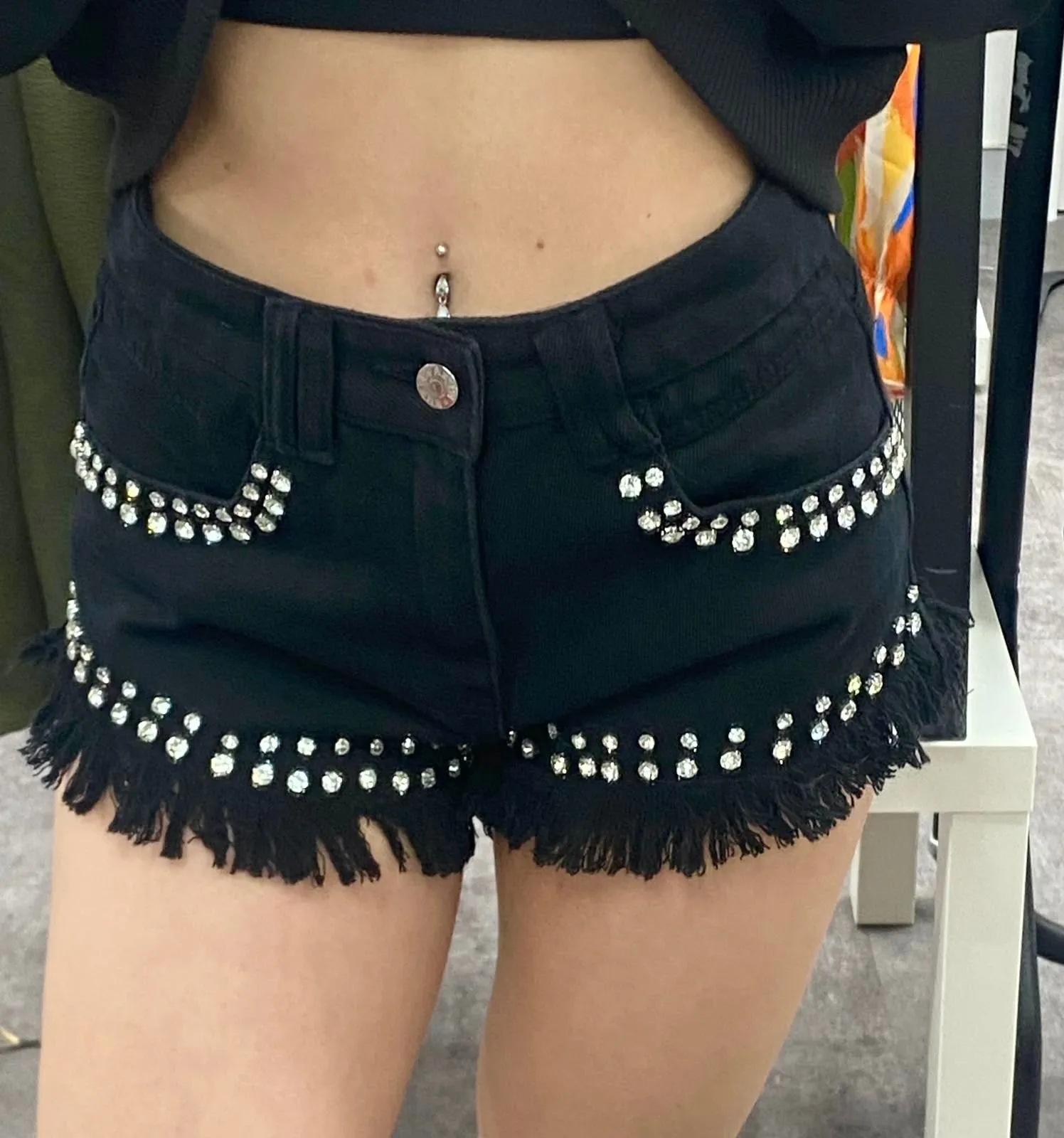 LOVE BLACK HEAVILY DIAMOND STUDDED DENIM SHORTS