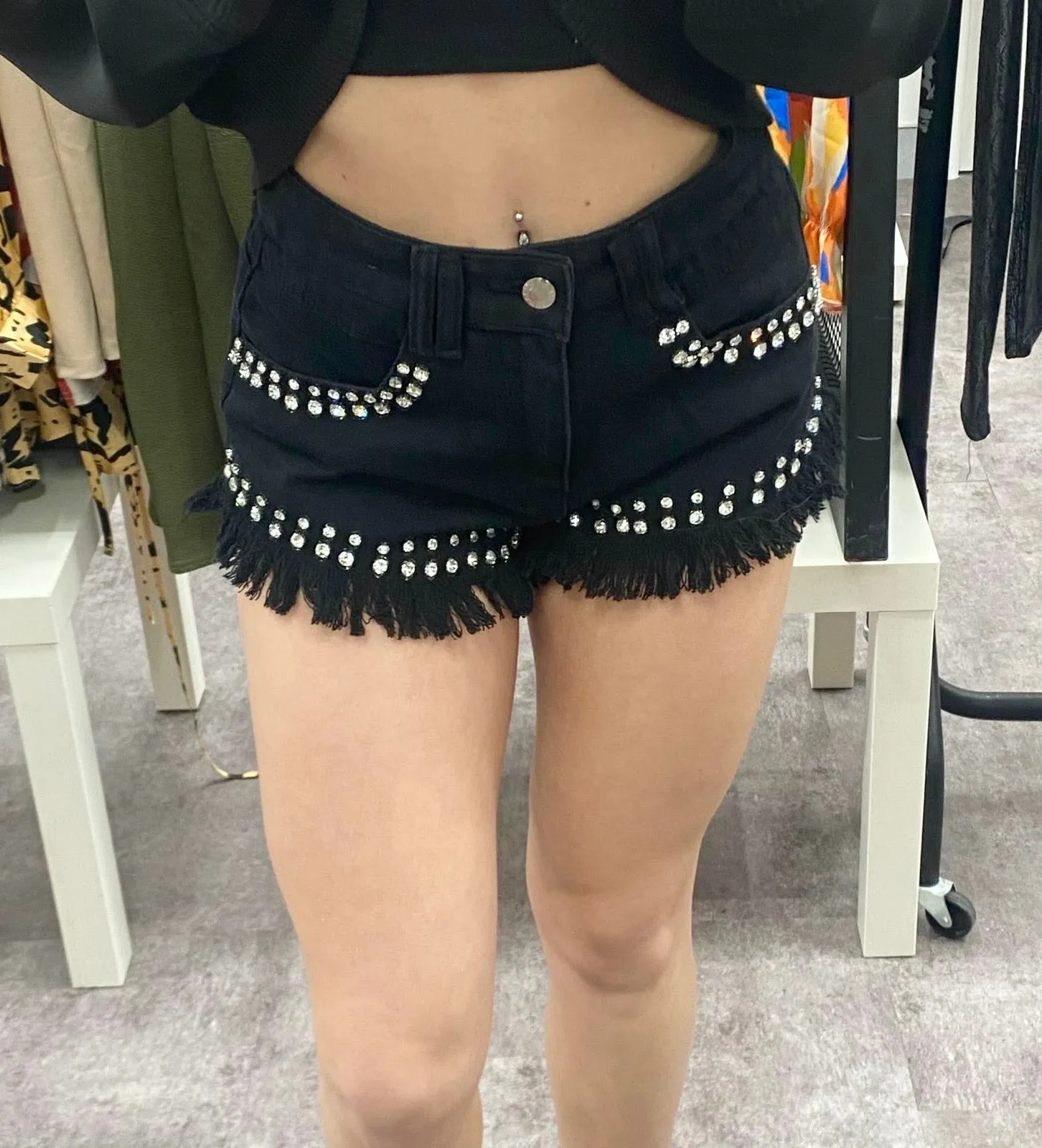 LOVE BLACK HEAVILY DIAMOND STUDDED DENIM SHORTS