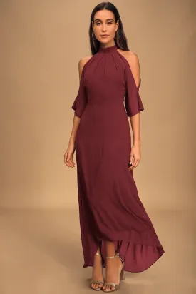 Loving Moment Burgundy Cold-Shoulder Cutout Halter Maxi Dress