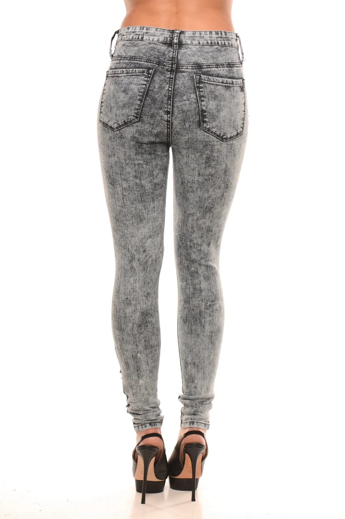 Low Rise Black Acid Wash Distressed Skinnies