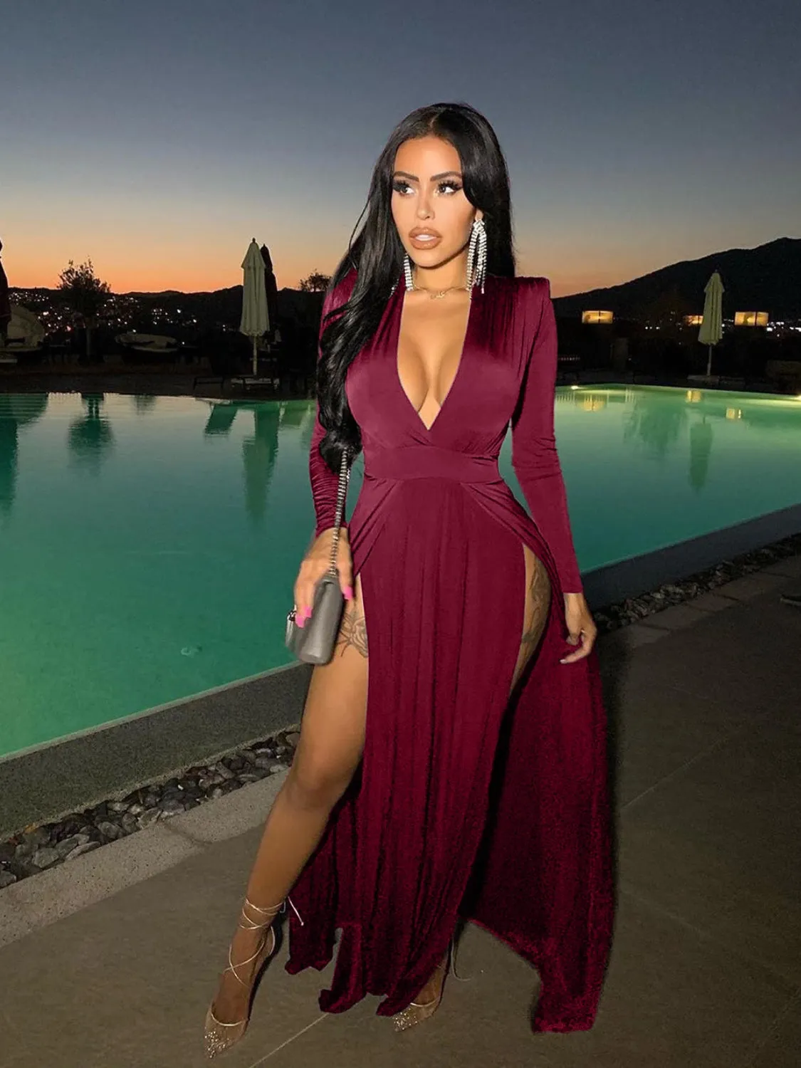 Low V Neckline High Slit  Long Sleeve Maxi Dress New Women's Fashion Sexy Plunge Flowy Long Dress KESLEY