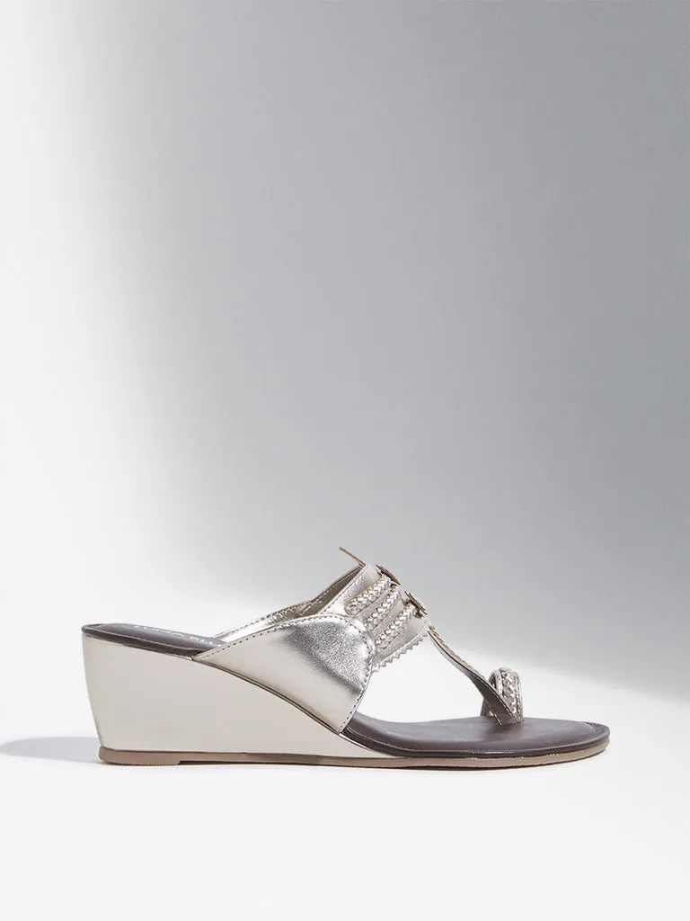 LUNA BLU Dull Gold Wedge Heel Kolhapuri Sandals