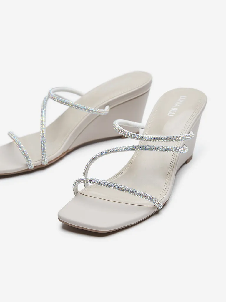 LUNA BLU Ivory Diamante Detailed Wedge Sandals