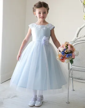 Lustrous Satin and Tulle Dress with Crochet Trim and Flower - Light Blue