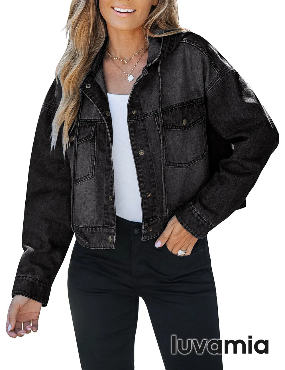 luvamia Denim Jacket for Women Hooded Lightweight Cropped Jean Jacket Oversized Button Down Shacket Trendy Fashion