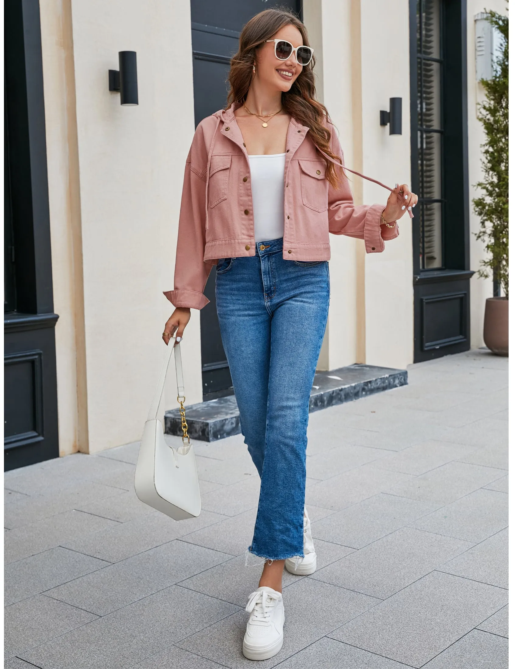 luvamia Denim Jacket for Women Hooded Lightweight Cropped Jean Jacket Oversized Button Down Shacket Trendy Fashion