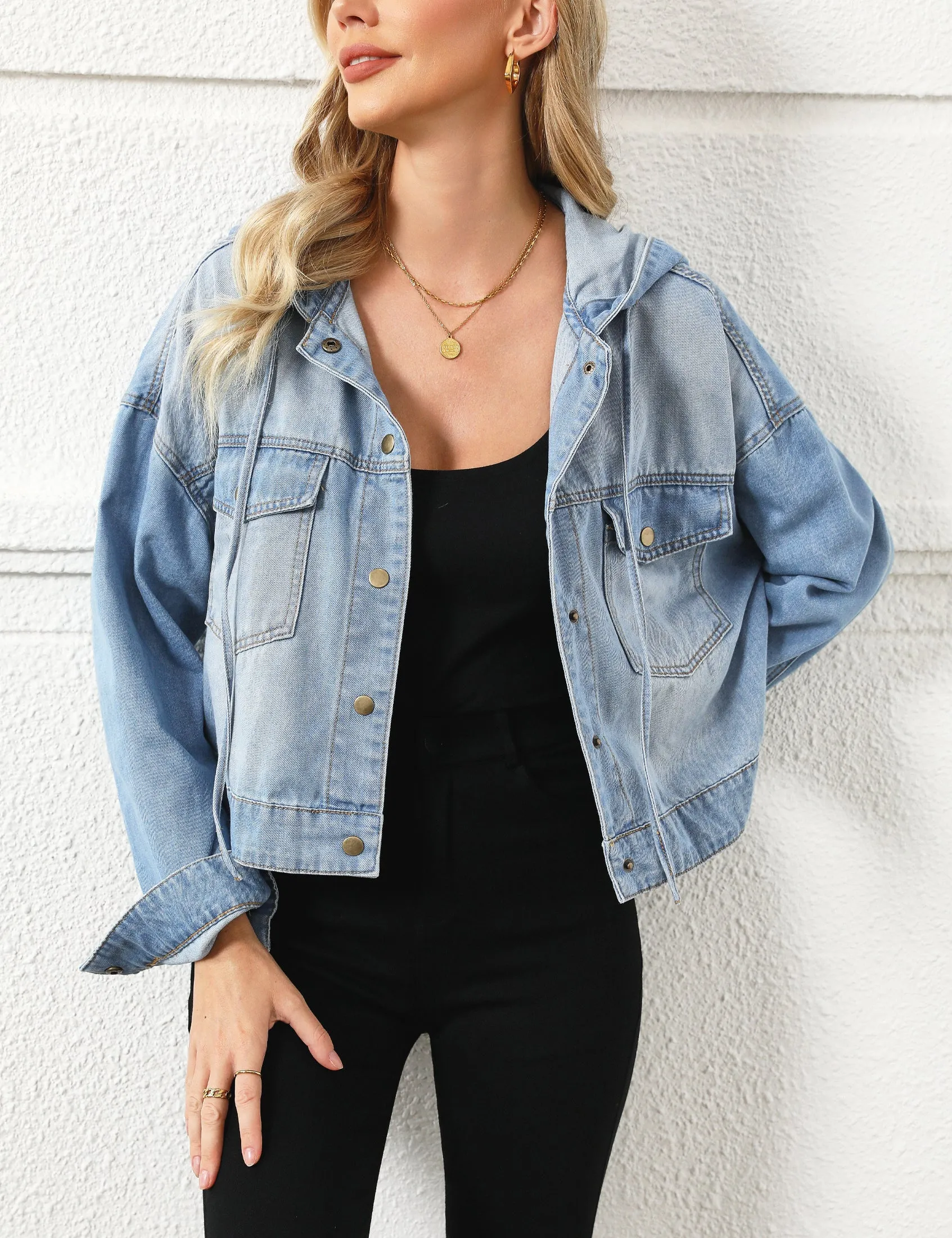 luvamia Denim Jacket for Women Hooded Lightweight Cropped Jean Jacket Oversized Button Down Shacket Trendy Fashion