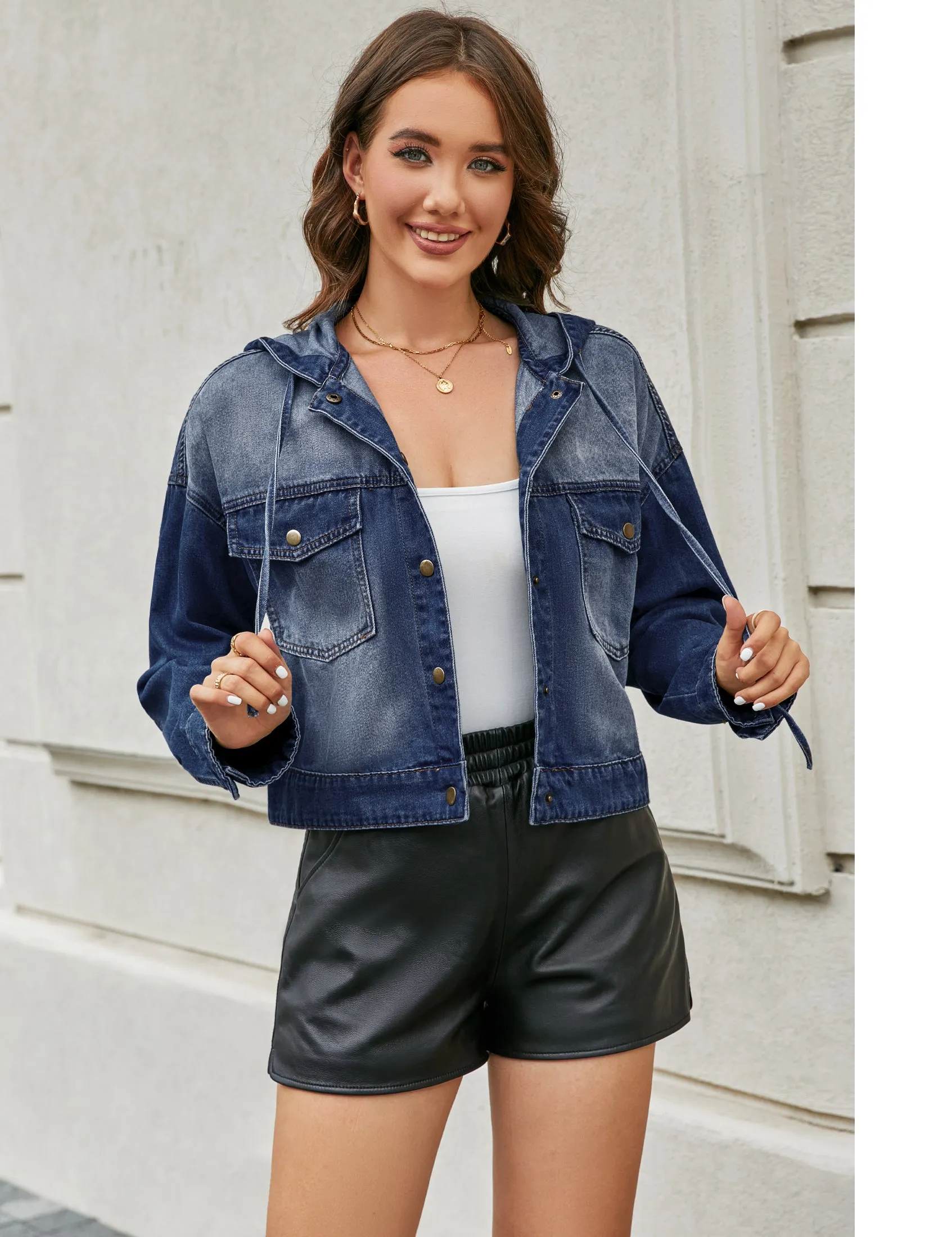 luvamia Denim Jacket for Women Hooded Lightweight Cropped Jean Jacket Oversized Button Down Shacket Trendy Fashion