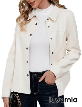 luvamia Faux Leather Jackets for Women Long Sleeves Vegan Leather Shackets Jacket Side Pockets Trendy Moto Biker Coat