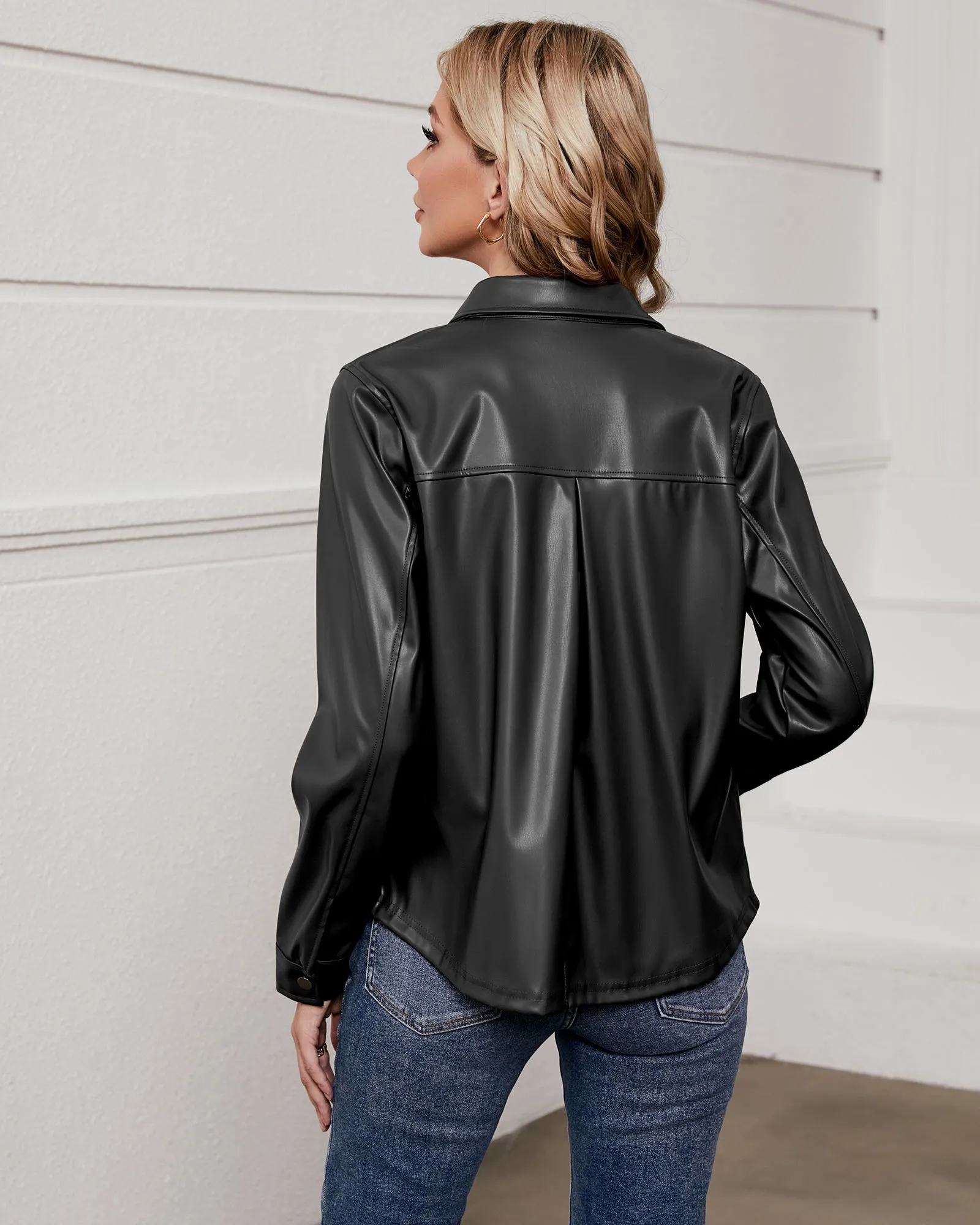 luvamia Faux Leather Jackets for Women Long Sleeves Vegan Leather Shackets Jacket Side Pockets Trendy Moto Biker Coat