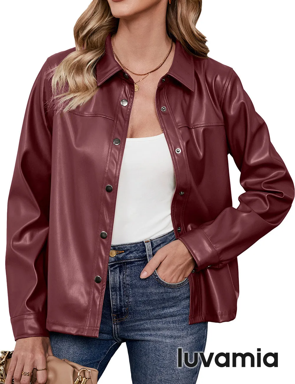 luvamia Faux Leather Jackets for Women Long Sleeves Vegan Leather Shackets Jacket Side Pockets Trendy Moto Biker Coat