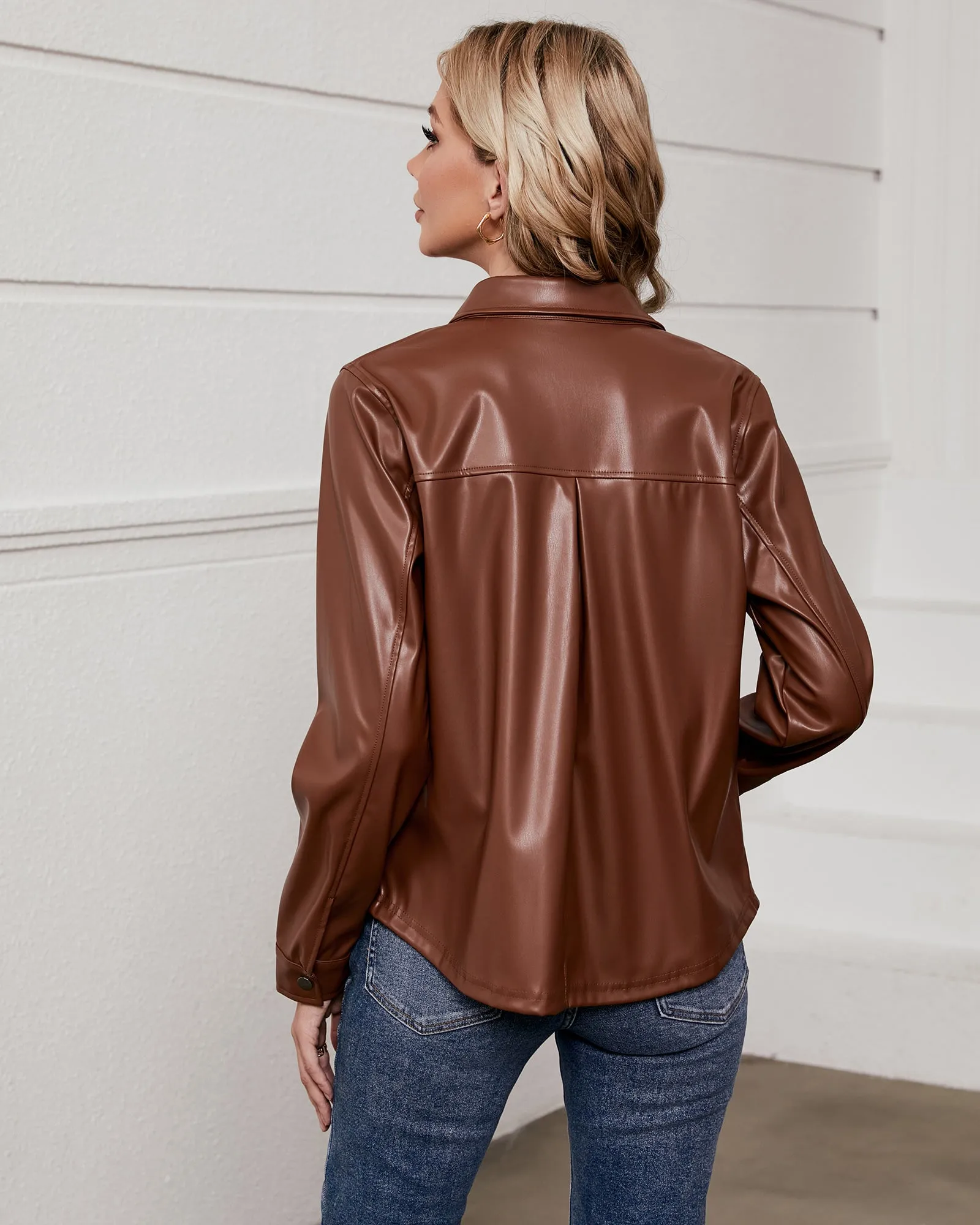 luvamia Faux Leather Jackets for Women Long Sleeves Vegan Leather Shackets Jacket Side Pockets Trendy Moto Biker Coat